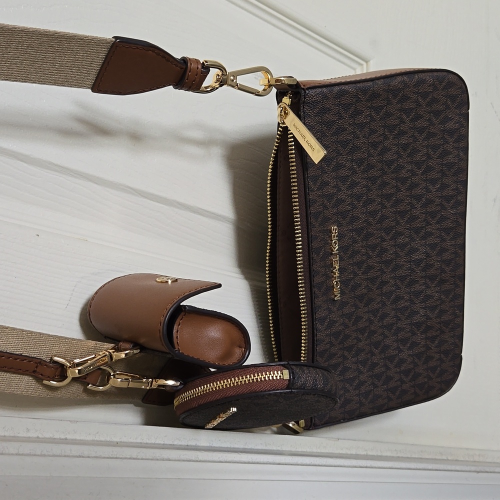 Medium crossbody purse with cloth strap and attached coin holder and lipstick